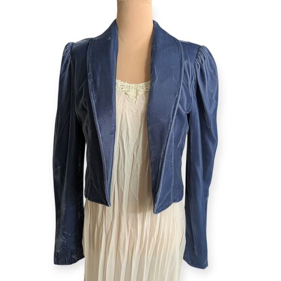 Vintage Blue Velvet Velour Blazer ~ Cornflower satin lined XS/S Open front - Picture 7 of 8